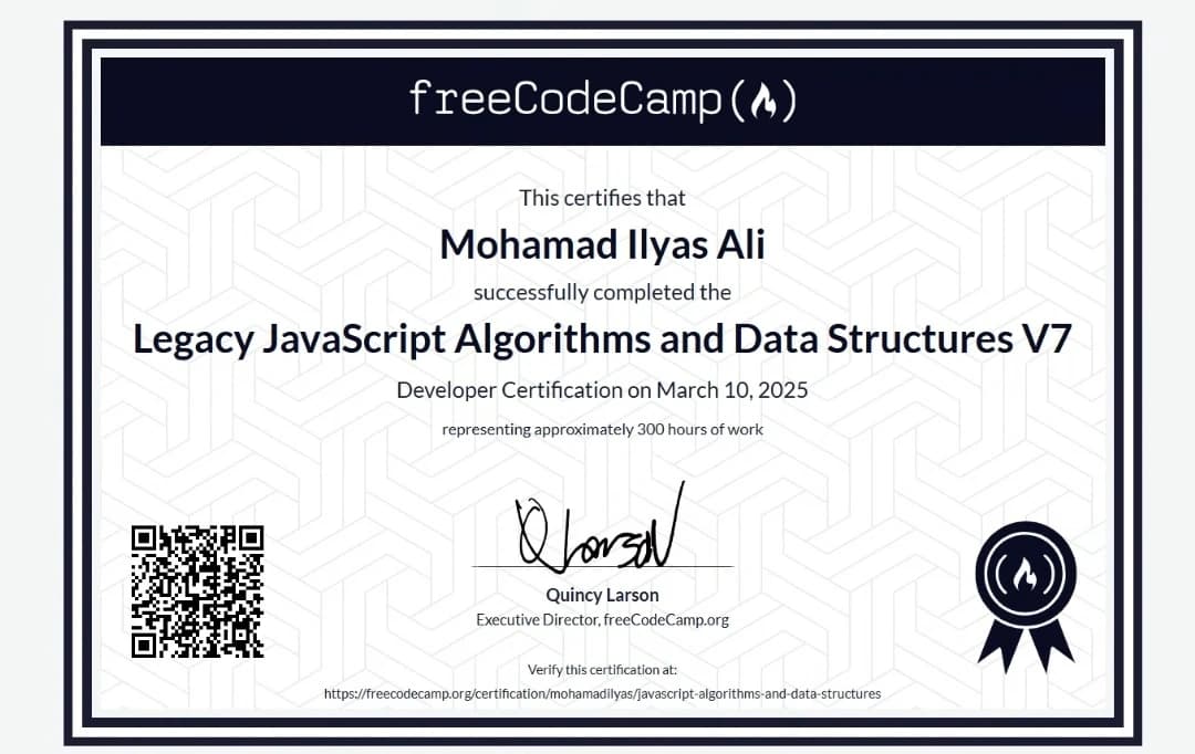 Legacy JavaScript Algorithms and Data Structures V7 certificate