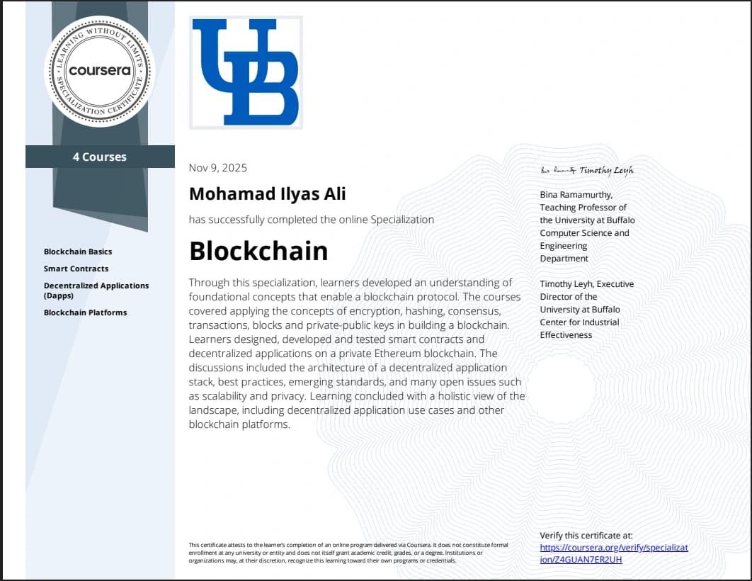 Blockchain Specialization certificate