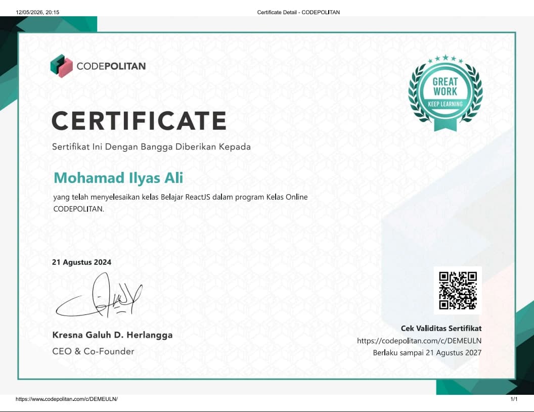 React JS Learning Course certificate