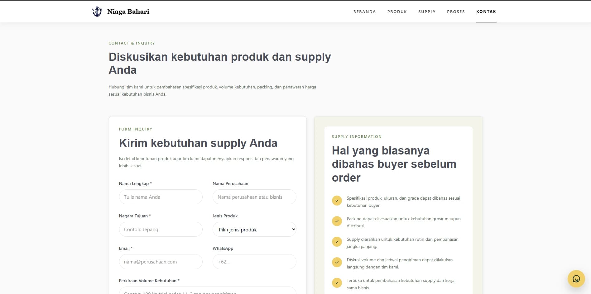 Niaga Bahari Seafood Domestic inquiry page preview