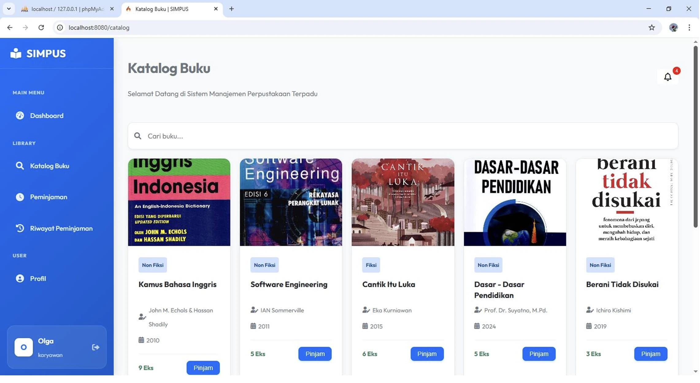 SIMPUS Golang book catalog page preview