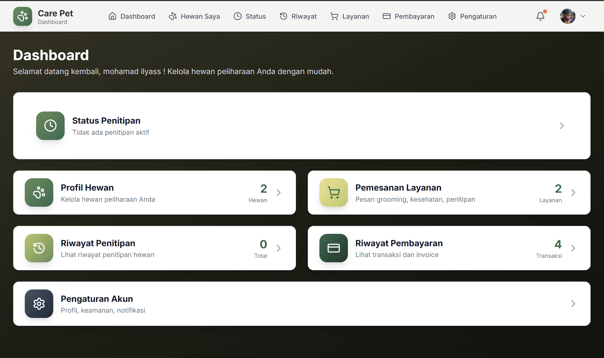 CarePet client dashboard preview